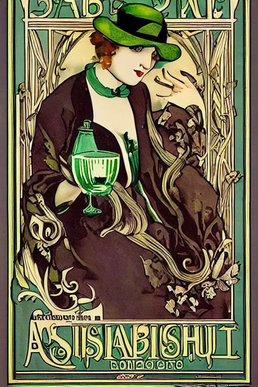 Image similar to a beautiful art nouveau poster advertising absinthe