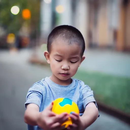 Prompt: child squeezing a child squeezing a rubber ball EOS-1D, f/1.4, ISO 200, 1/160s, 8K, RAW, unedited, symmetrical balance, in-frame