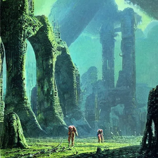 Image similar to astronauts exploring alien ruins, green mist atmosphere, art by bruce pennington