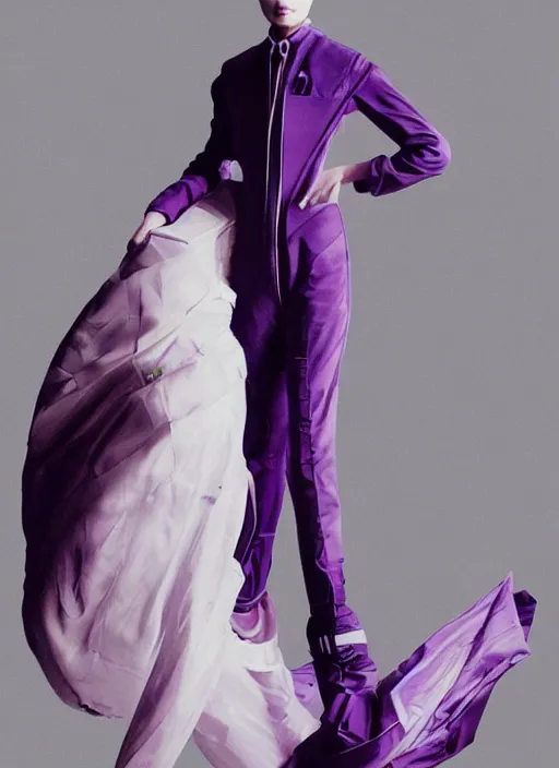 Image similar to a portrait by nick knight of a japanese girl detailed features wearing a pilot suit wedding dress synthetic materials, jumpsuits chic'techno fashion trend by balenciaga dramatic purple light