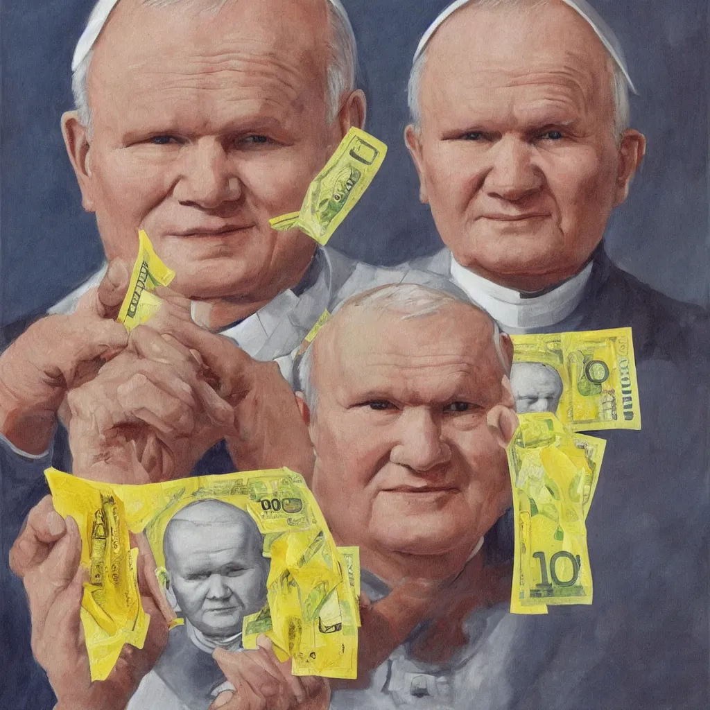 Image similar to Painting of John Paul II with a yellow face holding a 100 dollar bill in his hand