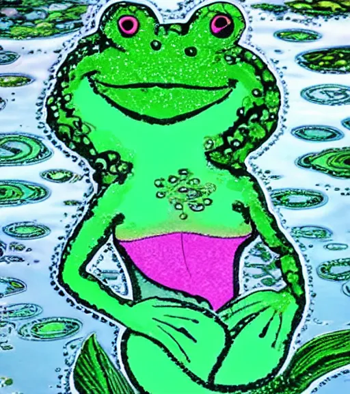 Prompt: a frog-like mermaid with an afro made of lillypads