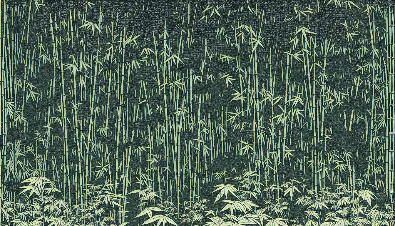 Prompt: bamboo and fern forest by woodblock print, nicolas delort, moebius, victo ngai, josan gonzalez, kilian eng