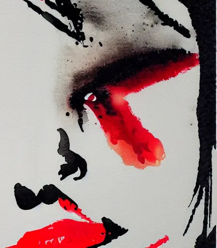 Prompt: Yoji Shinkawa's 'real life M1 Abrams tank with bright red lipstick mark on the barrel', ink and colours on silk, trending on pixiv, close up, monochrome, watercolour