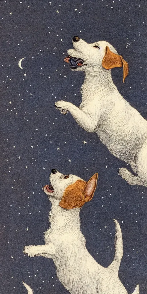 Image similar to jack russel dog looking up and howling with mouth open sad, night sky, highly detailed, side view, illustrated by peggy fortnum and beatrix potter and sir john tenniel