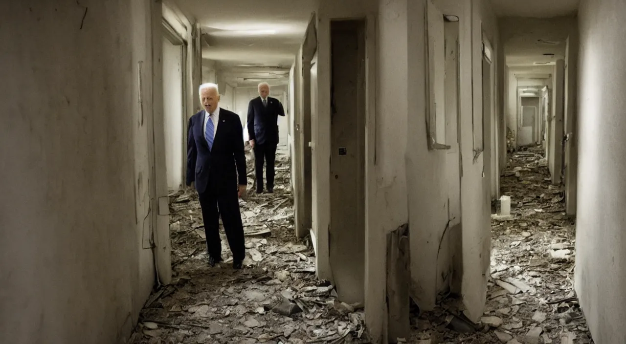 Image similar to unnerving and dark 4 k photograph of joe biden standing deep in the creepy hallways of an abandoned insane asylum