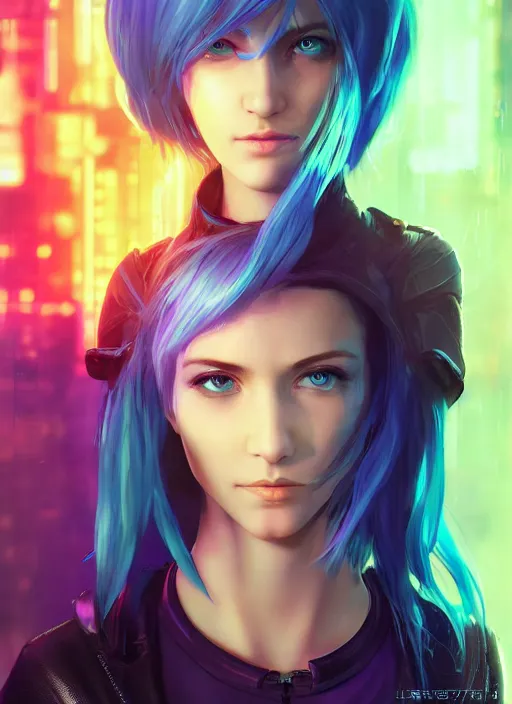 Prompt: beautiful young cyberpunk girl with blue hair, blue eyes, au naturel, holding her hands out, digital art, trending in artstation, cinematic lighting, studio quality, smooth render, fluorescent skin, unreal engine 5 rendered, octane rendered, art style by klimt and nixeu and ian sprigger and wlop and krenz cushart