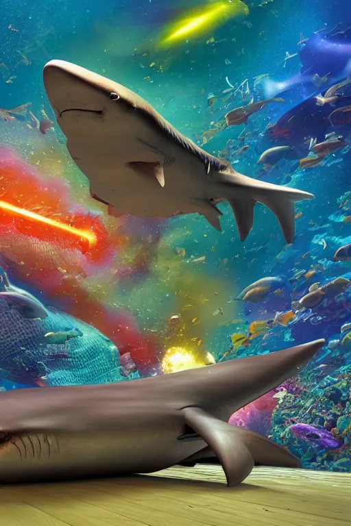 Image similar to Cosmic Shark for maintenance by an unprofessional cyber mackerel, colourful explosion behind. 4K 64 megapixels 8K resolution DSLR filmic HDR Kodak Ektar wide-angle lens 3D shading Behance HD CGSociety Cinema 4D IMAX shadow depth rendered in Blender Unreal Engine hyperrealism photoillustration, lots of reflective surfaces, subsurface scattering