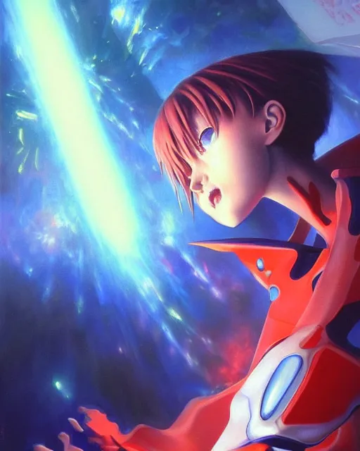 Prompt: neon genesis evangelion, award winning photograph, radiant flares, realism, lens flare, intricate, various refining methods, micro macro autofocus, evil realm magic painting vibes, hyperrealistic painting by michael komarck