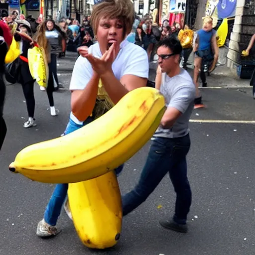 Prompt: someone attacking someone with a giant banana