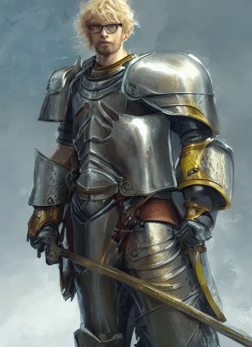 Prompt: a blond knight in armor with glasses, and his squire with brown curly hair and round glasses, fantasy, digital portrait, scifi, realistic, detailed, concept art, comics, ruan jia, wlop