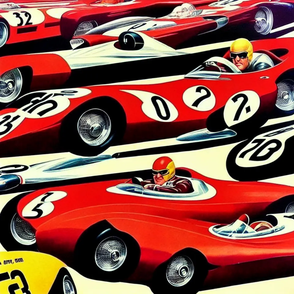 Prompt: a vintage car racing poster by alex ross