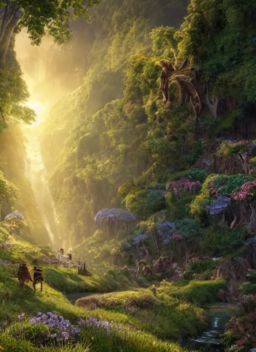 Image similar to in the distance a symmetrical fairy flying in a lord of the rings scenery landscape, a vast lush valley flowers and wood structures, stream, sunrise, god's rays highly detailed, vivid color, cinematic lighting, perfect composition, 8 k, gustave dore, derek zabrocki, greg rutkowski, belsinski, octane render