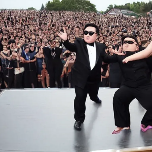 Prompt: Psy performing Gangnam Style on a funeral