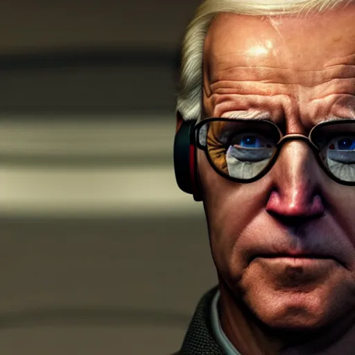 Prompt: photo portrait of joe biden as gordon freeman in half - life 2, splash art, movie still, detailed face, photorealistic facial features, cinematic lighting, dramatic, octane render, long lens, shallow depth of field, bokeh, anamorphic lens flare, 8 k, hyper detailed, 3 5 mm film grain