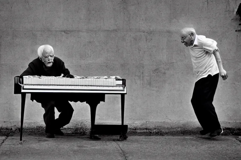 Image similar to amazing award winning photo of an old man chasing a piano with legs, award winning photo