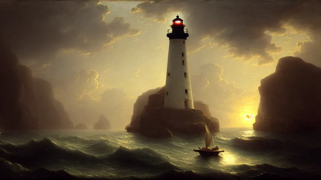 Image similar to lighthouse in the cave, sail boat, andreas achenbach, artgerm, mikko lagerstedt, zack snyder, tokujin yoshioka