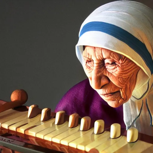 Image similar to hyperrealistic hdr photography of mother theresa playing beatsabre.