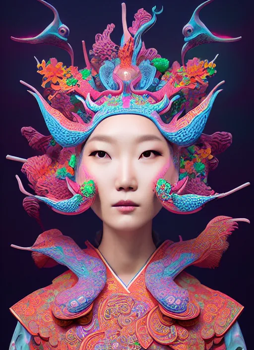 Prompt: 3 d goddess medium shot profile portrait. beautiful intricate highly detailed korean gumiho mask and traditional korean hanbok. stingray, magpie, bioluminescent, plasma, lava, ice, water, wind, creature, fog, artwork by tooth wu and wlop and beeple and greg rutkowski, in the style of hudson river school,