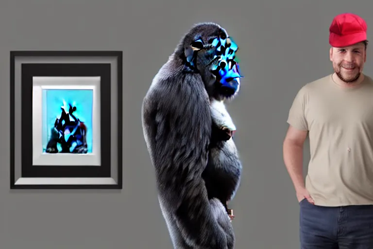 Image similar to Gorilla standing beside a framed portrait of a man wearing a novelty cap with a propeller, hyperrealistic, concept art, 8k, artstation, cinematic, volumetric lighting