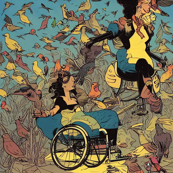 Image similar to a nerdy woman in a wheelchair, surrounded by birds, a full color illustration by mike mignola