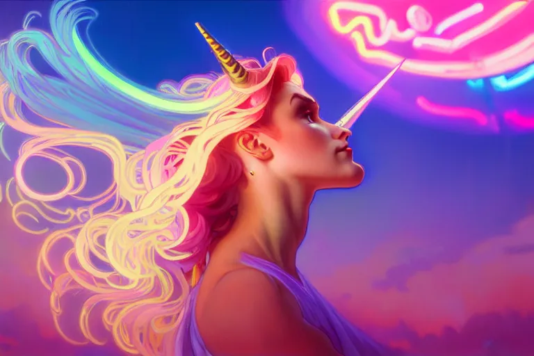 Image similar to wide angle shot of a beautiful neon radiant unicorn, alphonse mucha, rhads, ross tran, artstation, artgem, octane render, 1 6 k