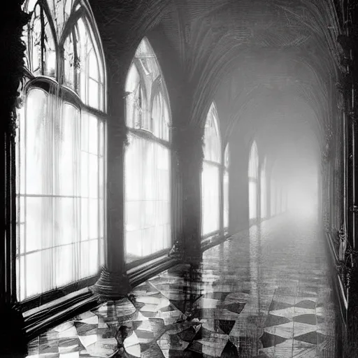 Image similar to a long hallway of mirrors. victorian interior, with many mirrors, spiders and spiderwebs everywhere, elegant design, haunting atmosphere, dark lighting, gothic, horror style, scary, swirling fog, volumetric lighting, by greg rutkowski, realistic, dutch angle,