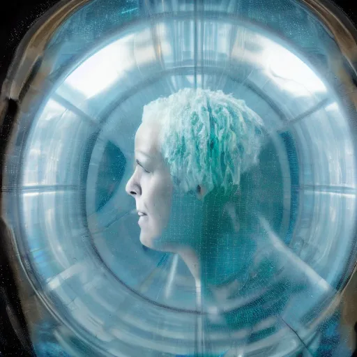 Prompt: futuristic female soldier eyes closed posing like ventruvian man in water inside glass tank. wearing light blue complex hyperdetailed technical suit. white hair flowing. reflection. rays and dispersion of light. volumetric light. 5 0 mm, f / 3 2. noise film photo. ultra realistic, wide angle. rudolf herczog