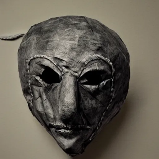 Prompt: paper mache mask, 1 8 0 0's, halloween paper mache mask, photo, surrealistic, creepy, dark, epic, cinematic, style of atget, detailed