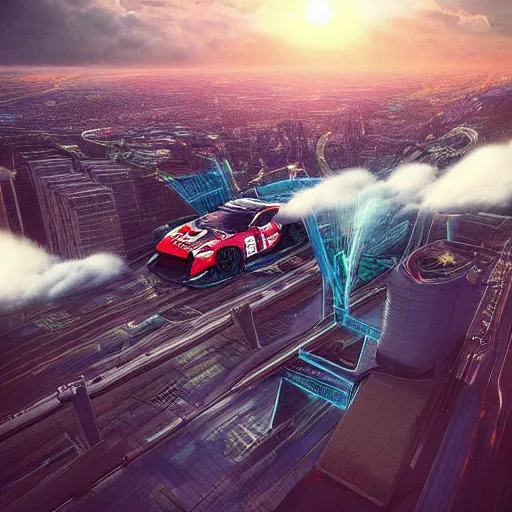 Image similar to “a beautiful car racing in the clouds during sunset above a city from a breathtaking angle, 4k, rays of light, particles light, artstation”