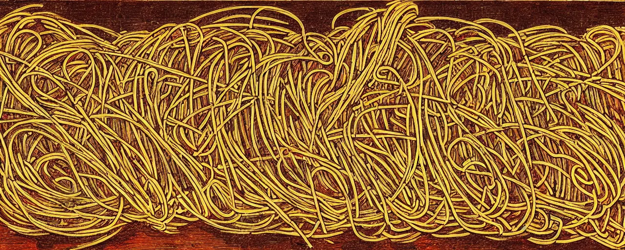 Image similar to ancient book with images of spaghetti, in the style of the book of the dead, fine detail,