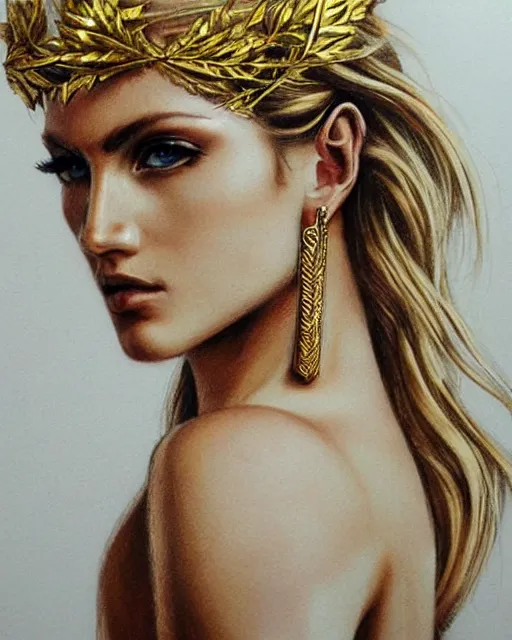 Image similar to tattoo sketch of hot blonde super model as aphrodite greek goddess wearing a gold laurel wreath and triangle earrings, beautiful piercing gaze with sharp pupils, in the style of greg rutkowski, fantasy, amazing detail, epic, elegant, smooth, sharp focus, front view