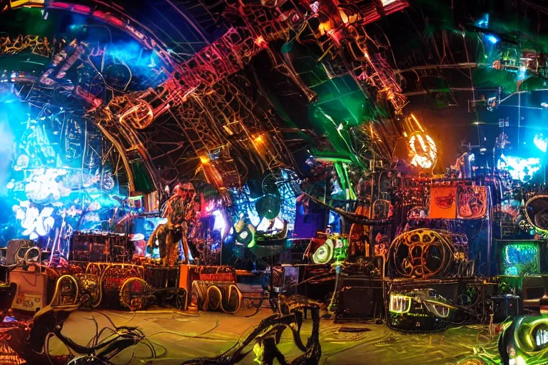 Prompt: close up of an outdoor festival stage with audience, on stage is a rockband with 3 steampunk robots with guitars and drums, center of the stage is a big futuristic steampunk generator with gears and belts and tubes, laser show, 8 k, fluorescent colors, halluzinogenic, multicolored, exaggerated detailed, unreal engine, 8 0 mm lens