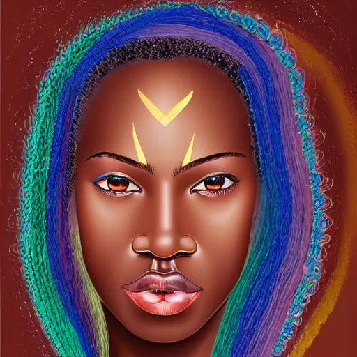 Image similar to “sango God of thunder plaited hair cowry nigeria lightning facial details proportionate dark skinned symmetrical digital art oil painting”