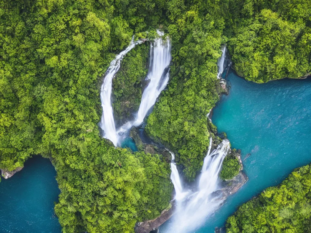 Prompt: dreamy aerial view of a gorgeous waterfall in a secluded island, highly detailed vibrant valley, drone photography, landscape photography, photorealism, smooth 4k