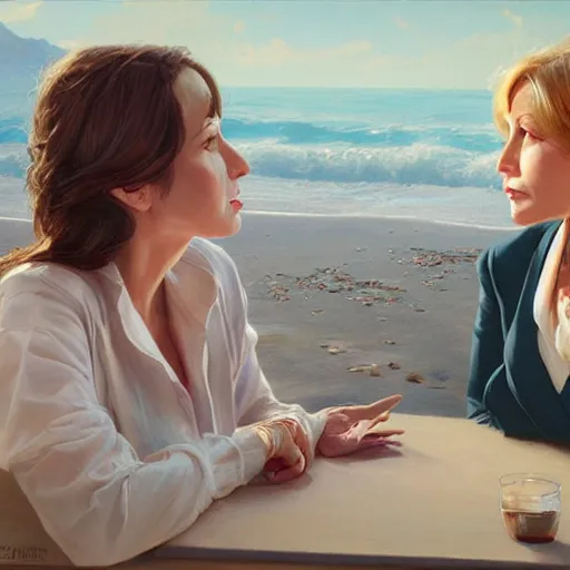 Image similar to epic cinematic hyperrealism masterpiece where 2 business women appear talking. realistic poster with shaded lighting by craig mallismo, artgerm, jeremy lipkin and michael garmash, unreal engine, radiant light, detailed and complex environment, digital art, art station trends