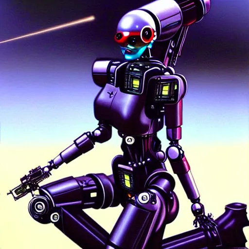 Image similar to geisha death robot, killbot, gun coming out of mouth, very realistic, artwork by jim burns, cyberpunk, sci - fi