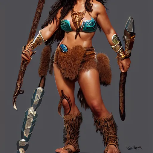 Image similar to salma hayek as amazonian amazon barbarian warrior, hyper detailed, digital art, trending in artstation, cinematic lighting, studio quality, smooth render, unreal engine 5 rendered, octane rendered, art style by klimt and nixeu and ian sprigger and wlop and krenz cushart.