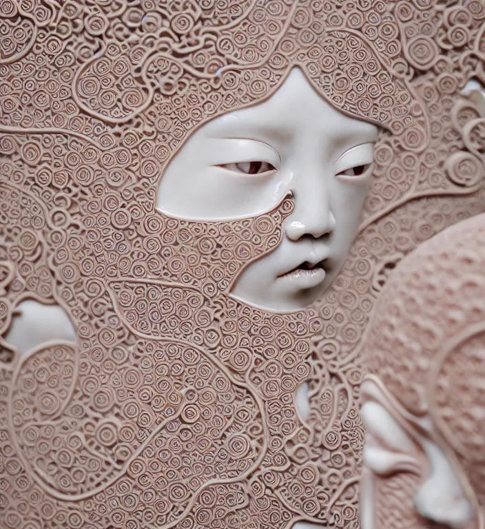 Prompt: Japanese architecture , A Close up photo-real delicate ceramic porcelain sculpture of a symmetrical ornate detailed in front of an intricate background by Victo Ngai and takato yamamoto, micro detail, backlit lighting, face in focus, subsurface scattering, translucent, thin porcelain, octane renderer, colorful, physically based rendering, japanese pottery, trending on cgsociety