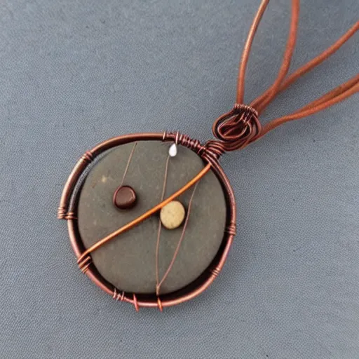 Prompt: beautiful but simple circular amulet made from equal parts bright sandstone and dark sandstone with a small rock shard separating them in the middle, bound together by copper wire and representing powerful love