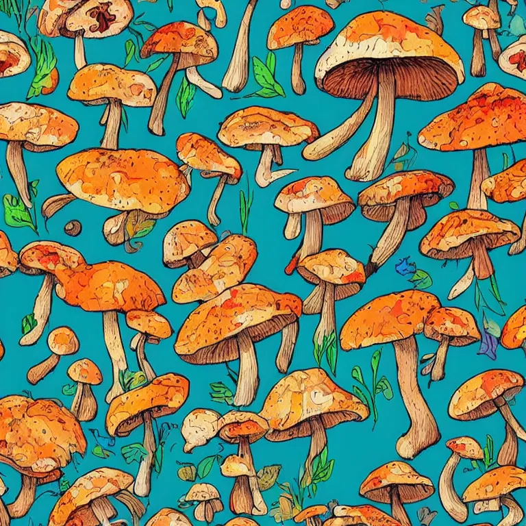 Prompt: a bunch of mushrooms that are on the ground, a jigsaw puzzle by ursula wood, pinterest contest winner, ecological art, psychedelic, colorful, i can't believe how beautiful this is, seamless pattern, tiling texture