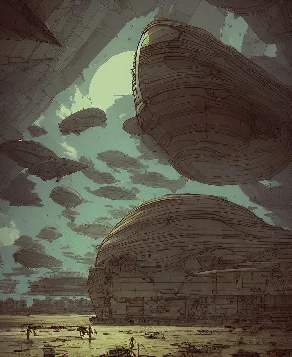 Image similar to simplicity, three buildings made out of nautilus, in the style of a spaceship, skeletons, partly cloudy, spooky, dramatic lighting, by geof darrow, bill sienkiewicz, dan mumford, yusuke murata, makoto shinkai, ross tran, cinematic, unreal engine, cel shaded, featured on artstation, pixiv