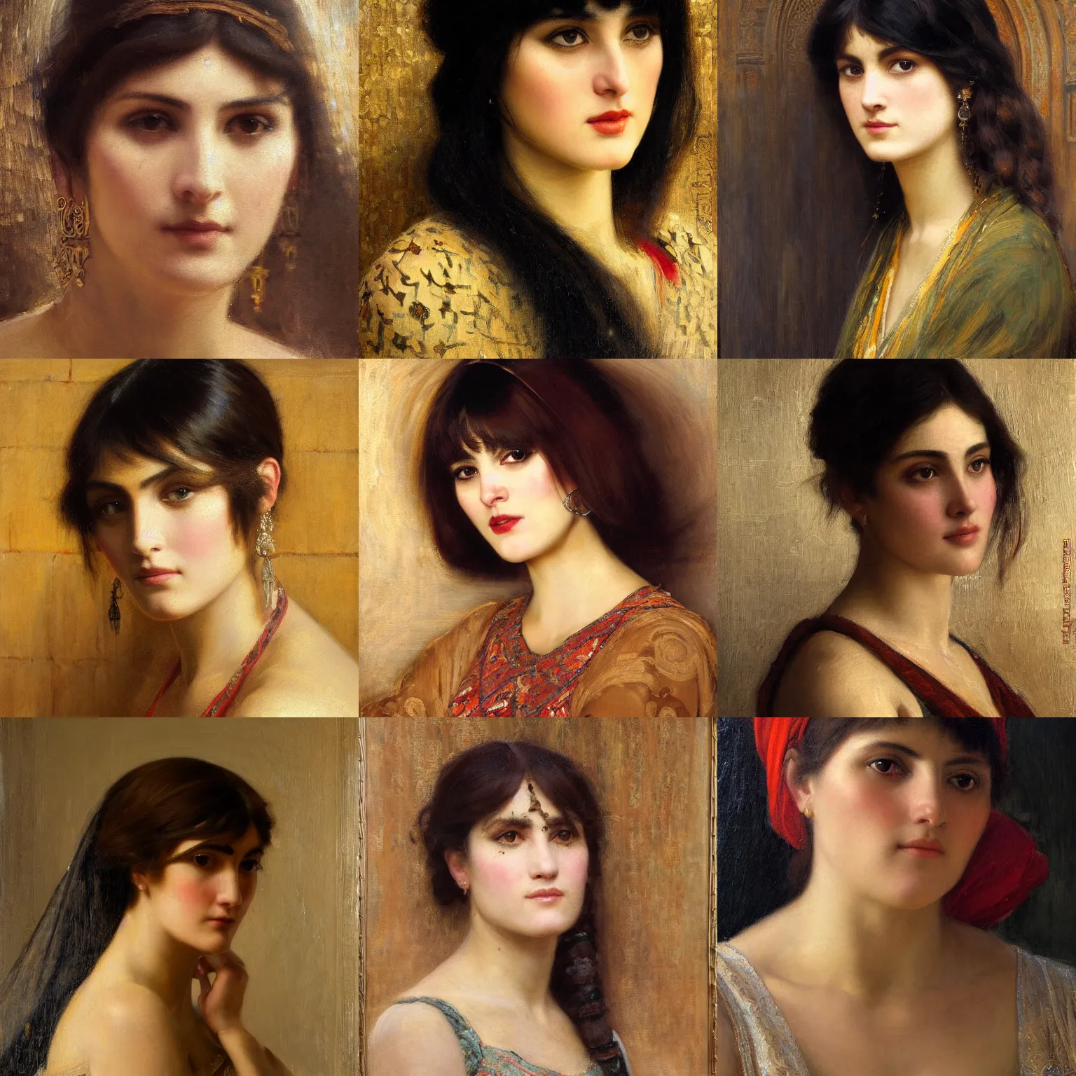 Prompt: orientalism painting choppy bangs beautiful woman face detail by edwin longsden long and theodore ralli and nasreddine dinet and adam styka, masterful intricate art. oil on canvas, excellent lighting, high detail 8 k