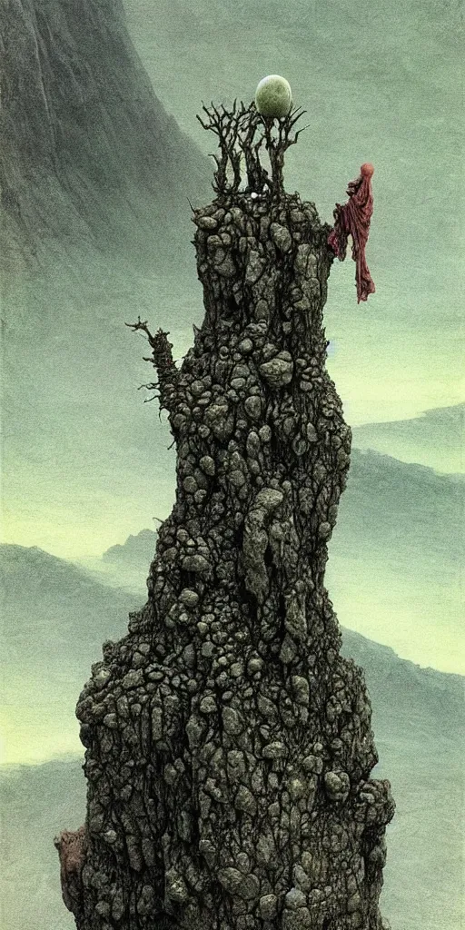 Prompt: A detailed lonley alien sock stands among the mountains. Wearing a ripped mantle, robe. Perfect face, extremely high details, realistic, fantasy art, solo, masterpiece, art by Zdzisław Beksiński, Arthur Rackham, Dariusz Zawadzki