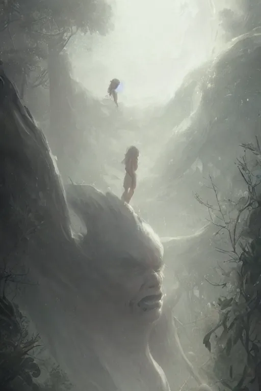 Prompt: a beautiful terrifying pale humanoid giant looms over a tiny human. ethereal fantasy art by greg rutkowski