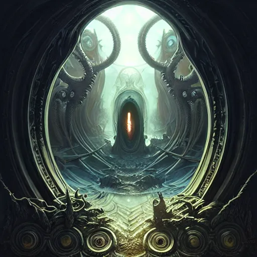 Prompt: Evil portal to Cthulu, filled with madness and monsters. Epic fantasy art, Lovecraftian, award winning on Artstation, intricate, elegant, highly detailed, digital painting, art by artgerm and greg rutkowski and alphonse mucha and lovecraft.