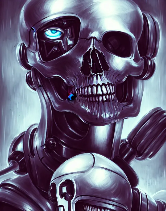 Image similar to skull - headed robot cyborg painting, illutstration, concept art, cyberpunk, futurism, comics art, artgerm, full body shot, wide angle