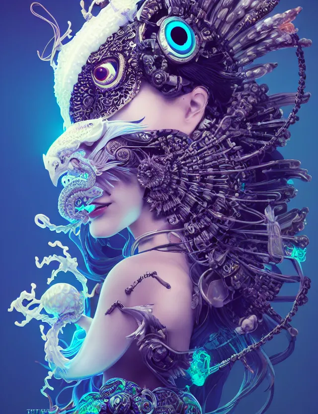 Image similar to 3 d goddess close - up profile portrait with crown, ram skull. beautiful intricately detailed cyberpunk japanese crow kitsune mask and clasical japanese kimono. betta fish, jellyfish phoenix, bio - luminescent, plasma, ice, water, wind, creature, artwork by tooth wu and wlop and beeple and greg rutkowski