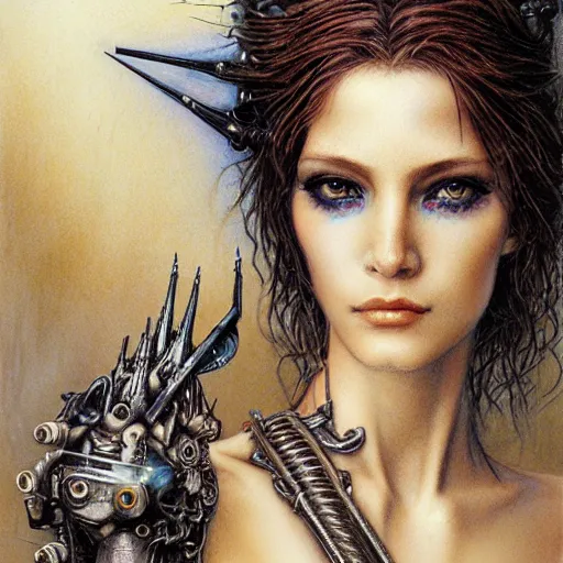 Image similar to an award finning closeup facial portrait by alan lee, luis royo and john howe of a bohemian female cyberpunk traveller clothed in excessively fashionable 8 0 s haute couture fashion and wearing ornate art nouveau body paint