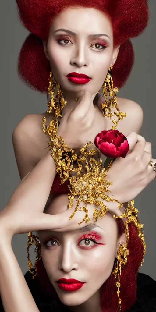 Image similar to Portrait of a European woman, black, close-up, high sharpness, zeiss lens, fashion photo shoot, peony flowers, red hair, red lipstick, in the background of gold, they have rhinestones on their face, Edward Buba, Annie Leibovitz and Steve McCurry, Leslie Zhang, David Lazar, Jimmy Nelsson, Eiko Hosoe, artistic, hyperrealistic, beautiful face, octane rendering